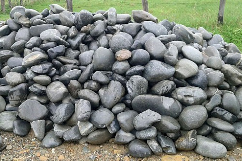 Kamenclub.ru: Темно-серый валунчик фр.100-300 мм.  купить в Нововоронеже крупный природный камень серый, темно-серый, светло-серый речная галька большого размера окатанная 4500 руб/т   фото КАМЕНЬ КЛУБ