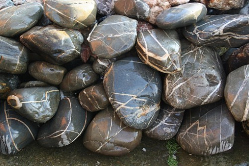 Kamenclub.ru: Валунчик Паутинник фр.100-300 мм  купить в Нововоронеже крупный природный камень галечник темно-серый с прожилками белый черный речной валунчик 5000 руб/т   фото КАМЕНЬ КЛУБ