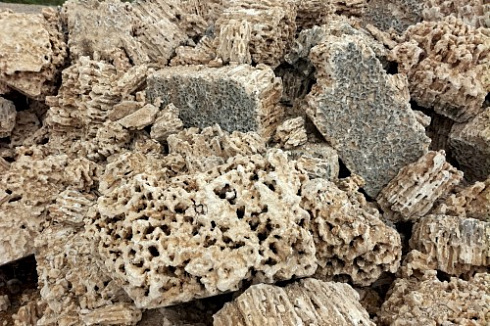 Kamenclub.ru: Крымский природный меотис фр. 100-500 мм.  купить в Нововоронеже меотис бежевый рыжий молочный желтый ракушечник 4 500 руб/т   фото КАМЕНЬ КЛУБ